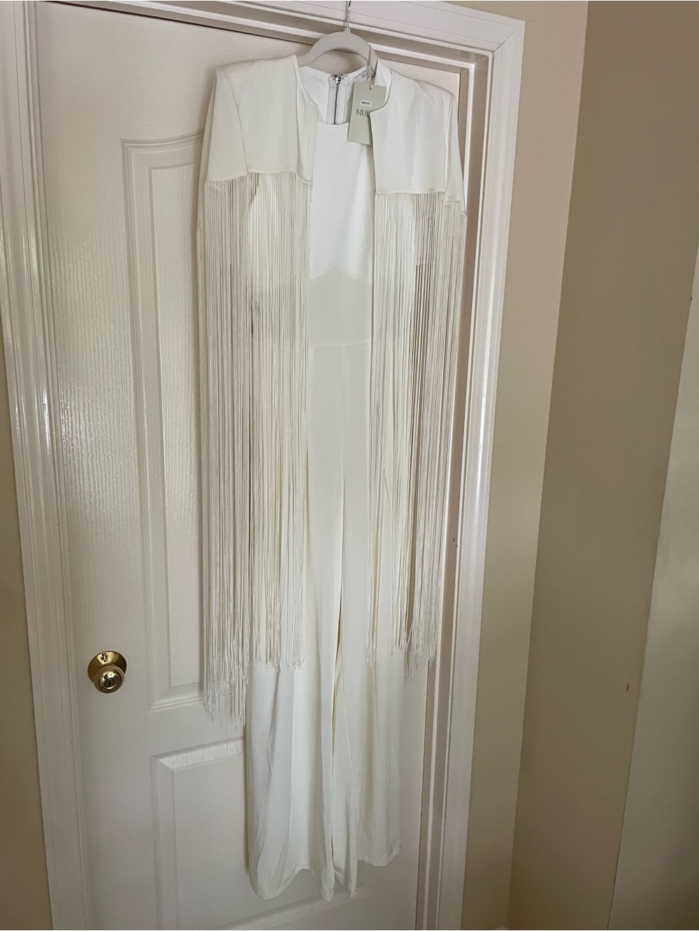 Elegant White Fringe detachable Cape and Jumpsuit Set- 2Piece - Picture 6 of 16